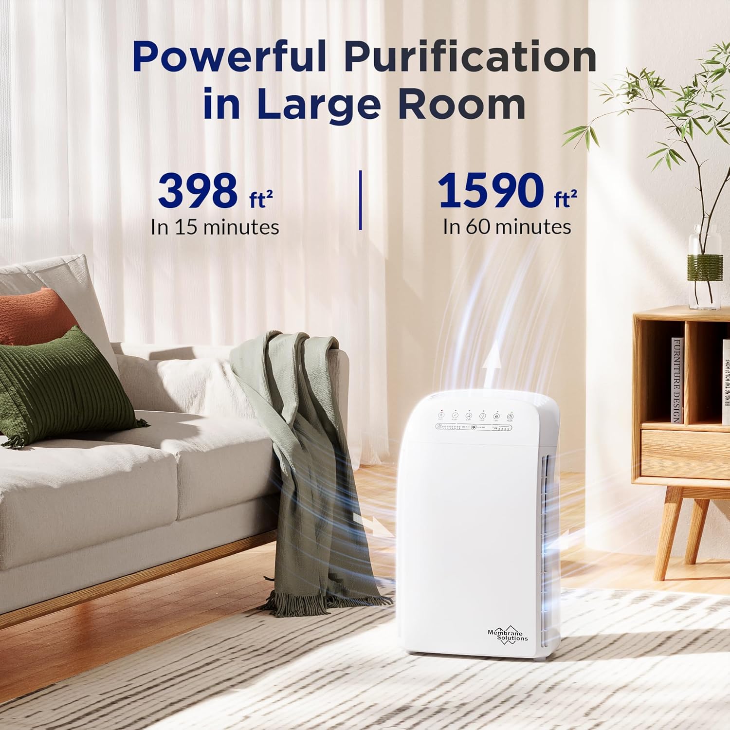 Membrane Solutions MSA3 Purificateur d'Air Chambre de 147㎡, 22dB Silencieux, Air Purifier HEPA pour Maison Bureau, mode sommeil, Elimine 99,97% des Allergènes, Fumée, Pollen, Odeurs d'animaux