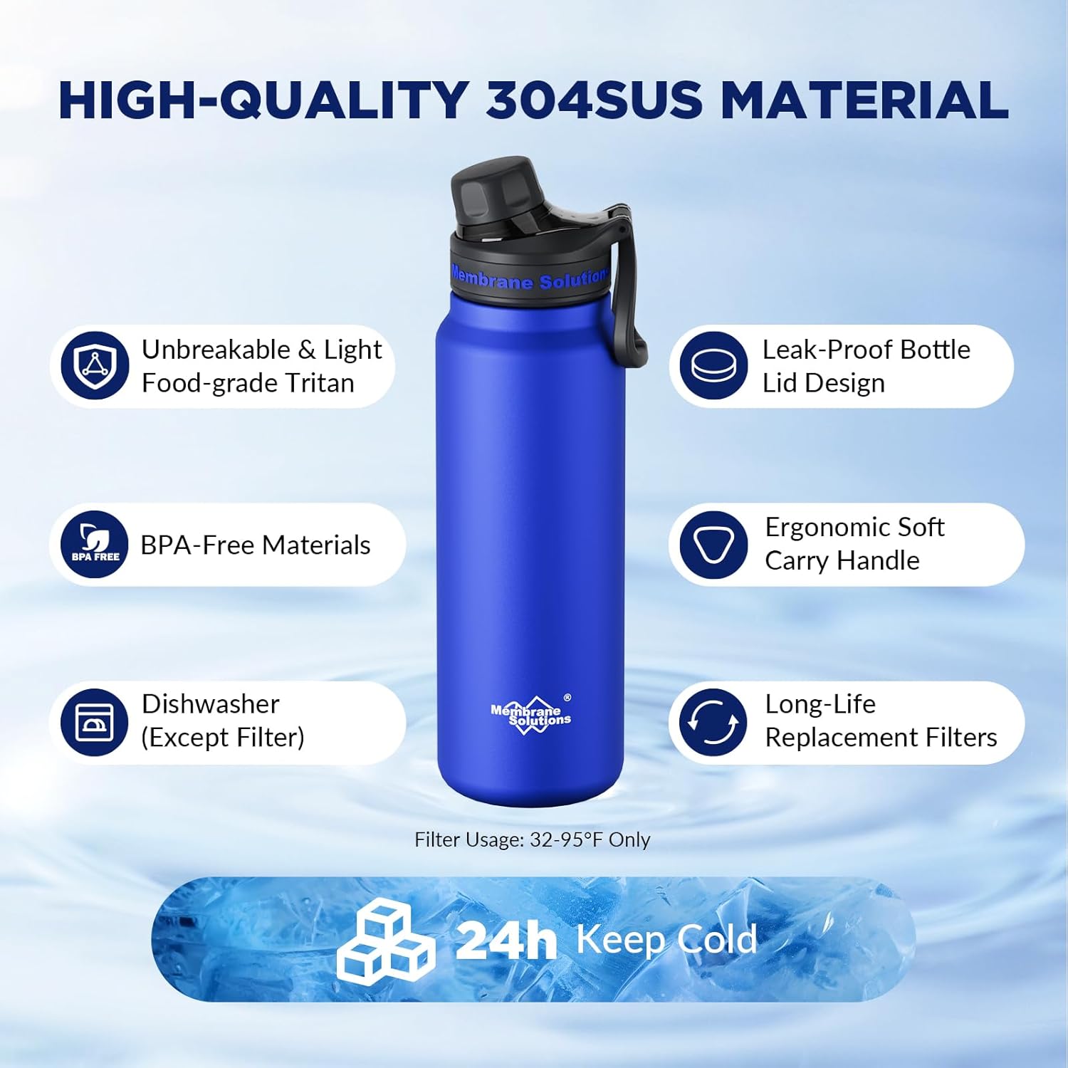 Membrane Solutions C3 – Gourde filtrante inox 0,95 L (32oz) avec filtre ACF & UF, parfaite pour camping & survie