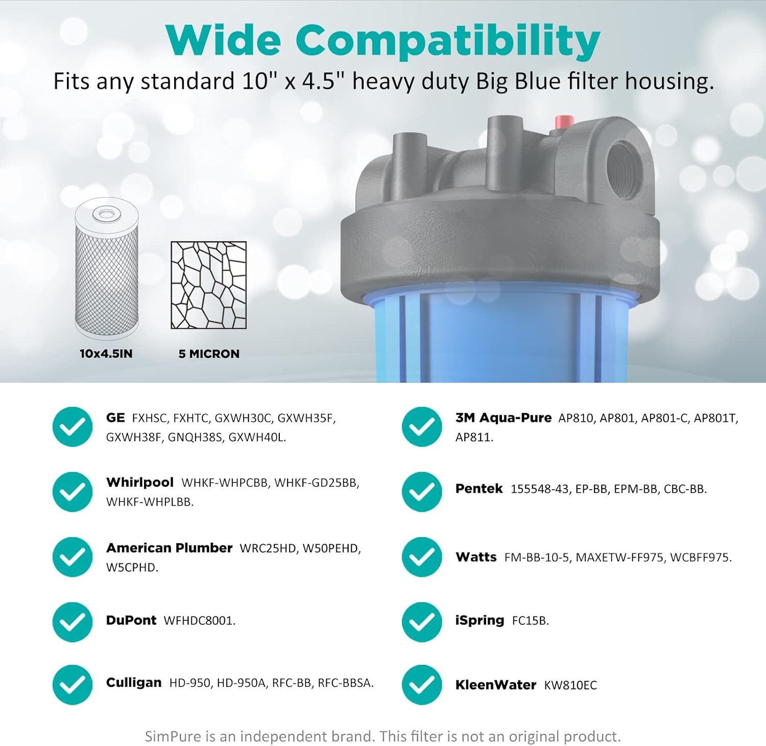 SimPure 10"x 4,5" Filtre à eau en charbon actif de coquille de noix de coco, pour les systèmes de filtration de la maison entière DB10C / DB10C-2, filtration du goût, élimination du chlore, 2 Pack