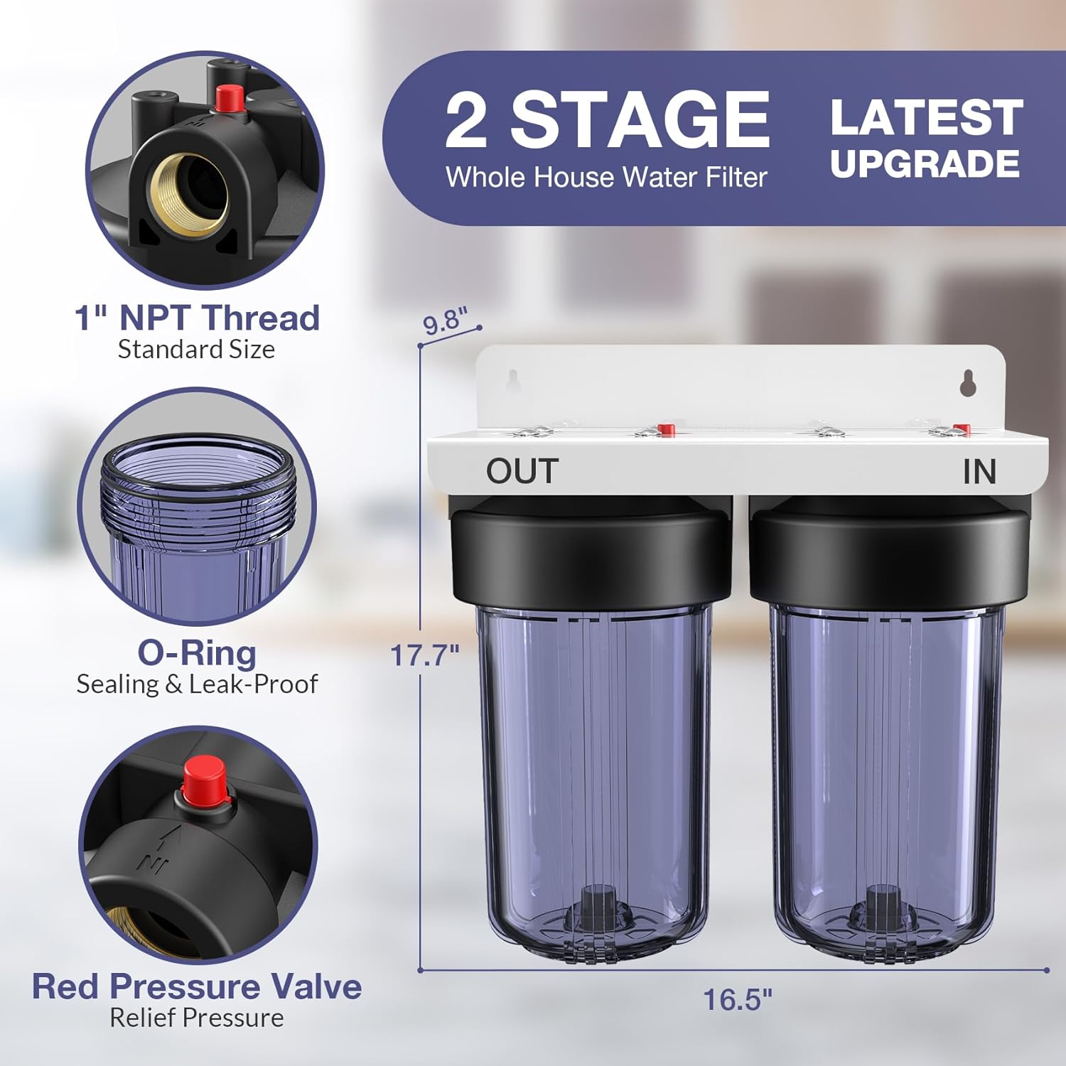 SimPure DB10C-2 Système de Filtre à eau pour Toute la Maison, Filtration de l'eau en 2 étapes filtre à charbon et filtre à sédiments 10" x 4,5", réduit odeurs, chlore, goût, Entrée/Sortie 1"