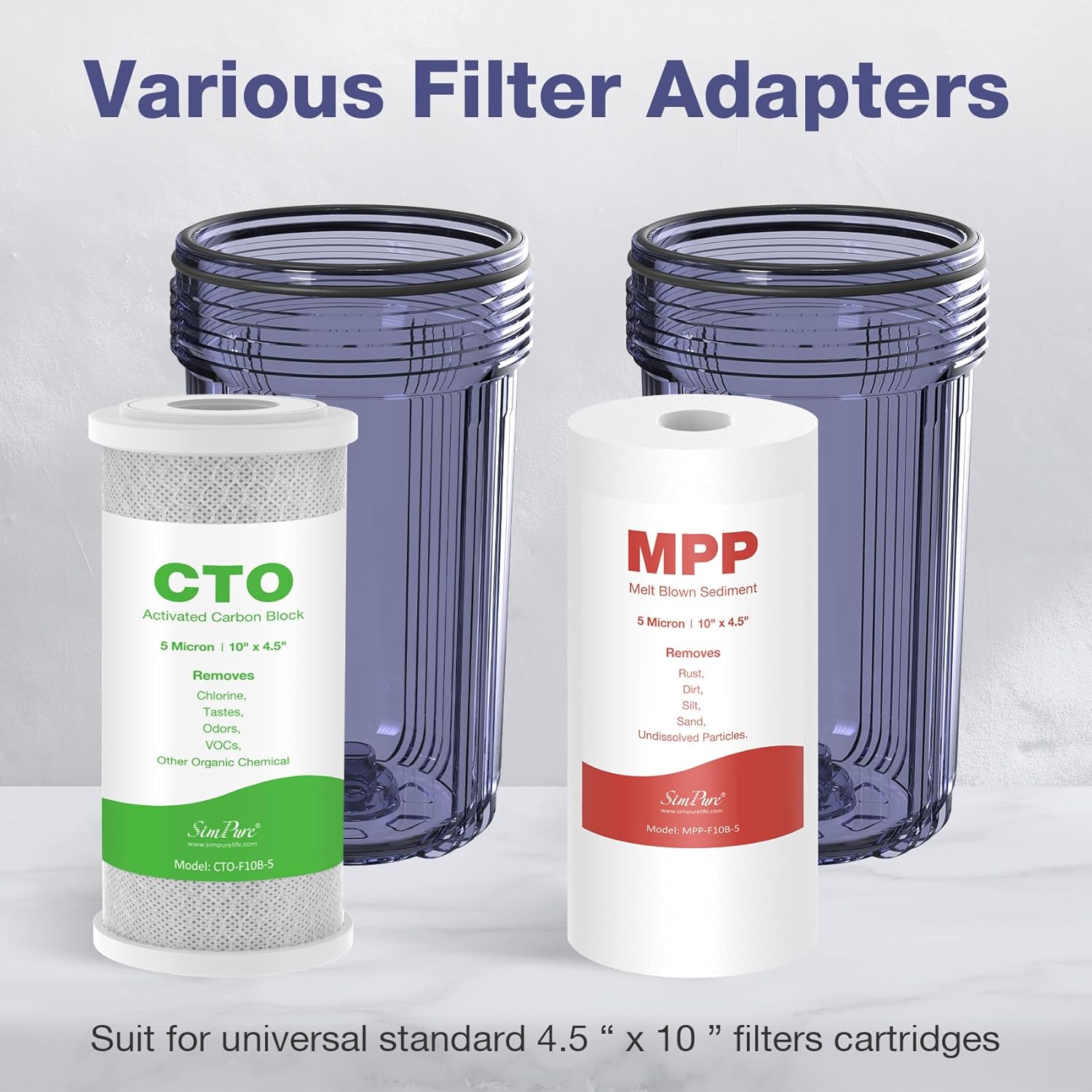 SimPure DB10C-2 Système de Filtre à eau pour Toute la Maison, Filtration de l'eau en 2 étapes filtre à charbon et filtre à sédiments 10" x 4,5", réduit odeurs, chlore, goût, Entrée/Sortie 1"