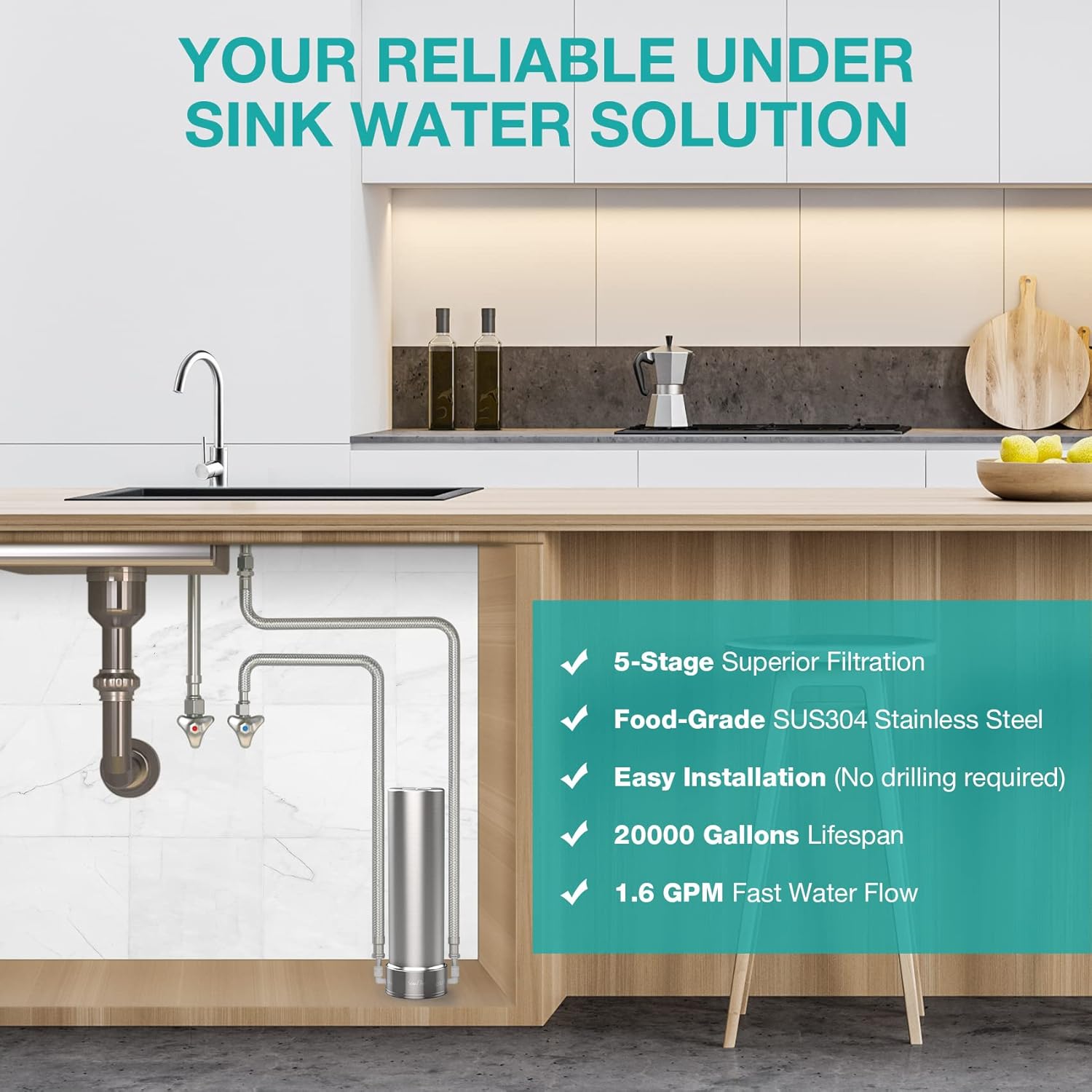 SimPure V7 Système de Filtre à eau sous évier, Filtre eau Robinet en Acier Inoxydable 5 étapes de 75000 Litres, Réduit 99% le Plomb, le Chlore, le Mauvais Goût, Connexion directe au robinet de cuisine